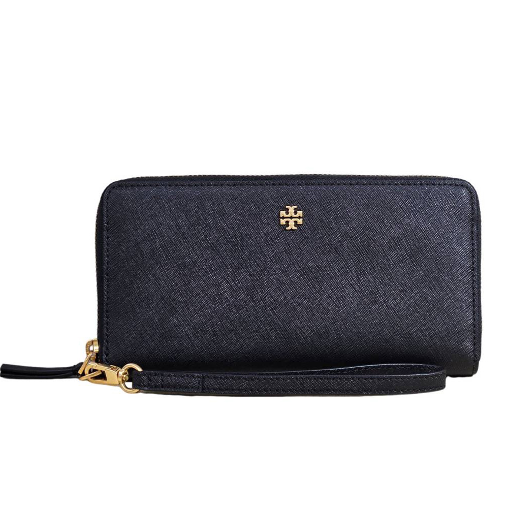 【TORY BURCH】TB 金字LOGO防刮皮革拉鍊手掛長夾 黑色(贈原廠紙袋)