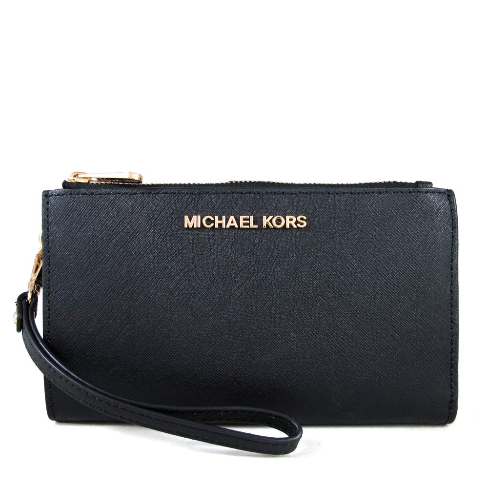 MICHAEL KORS JET SET TRAVEL 金字LOGO黑色防刮皮革雙層拉鍊手提長夾