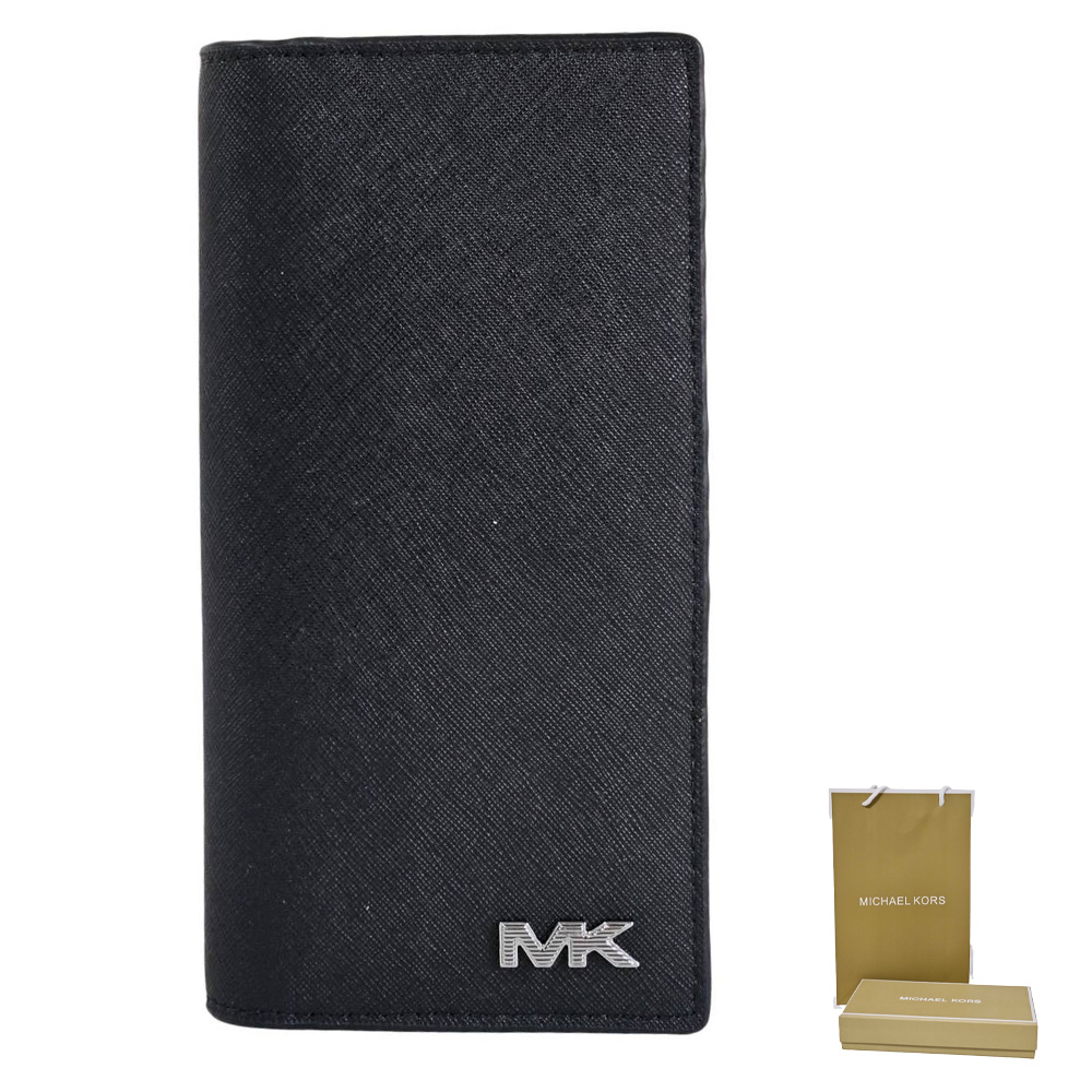 Michael Kors MK 新款金屬立體LOGO防刮多卡層拉鍊零錢袋掀開長夾(黑色/贈原廠紙袋紙盒)