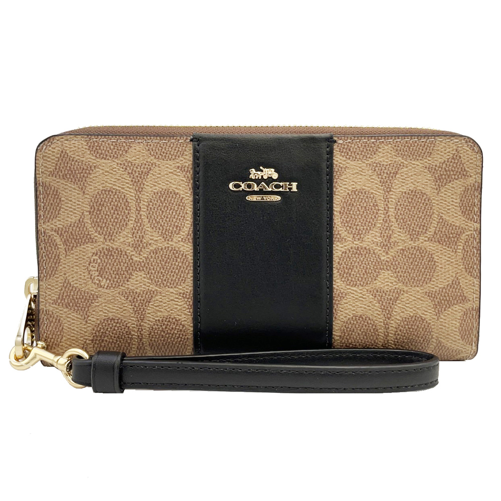 【COACH】C LOGO手掛式拉鍊零錢袋長夾(直紋黑)