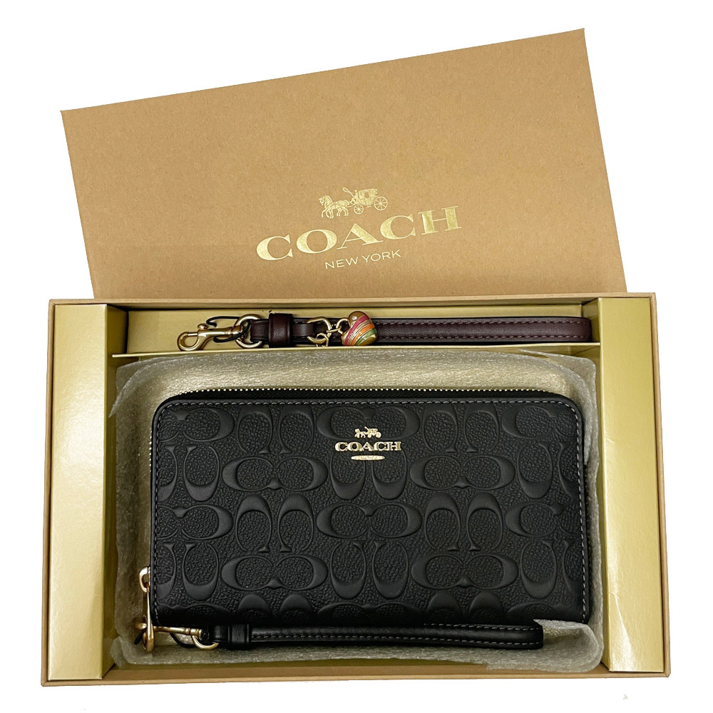 【COACH】浮雕C LOGO雙手掛吊飾長夾禮盒(黑)