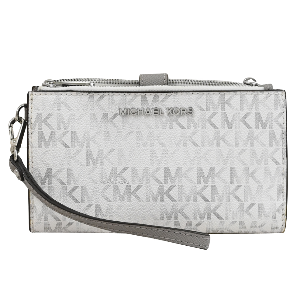 【福利品】MICHAEL KORS JET SET TRAVEL 手提式印花雙拉鍊中長夾.白/灰