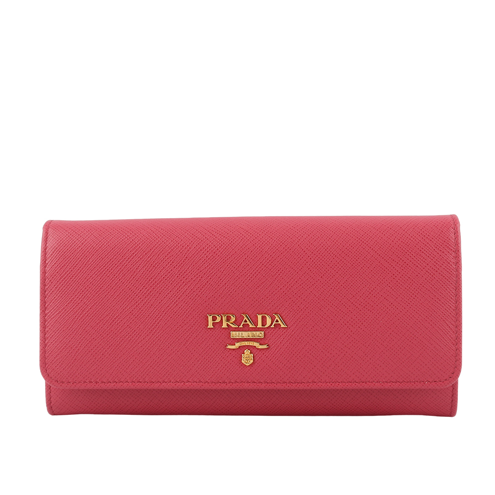 PRADA 金字浮雕Logo防刮牛皮雙釦對開長夾(牡丹粉) 展示品 1MH132 QWA F0505