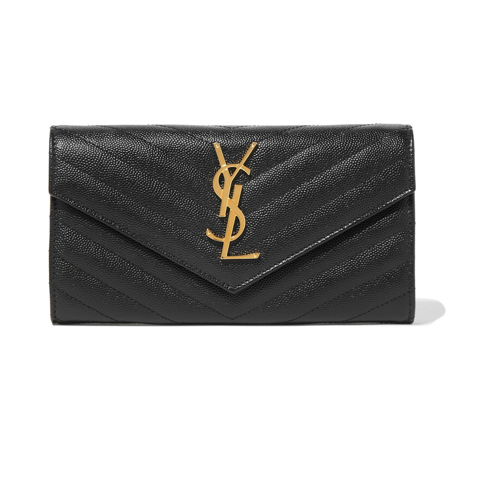 【YSL】MONOGRAM系列V字縫線魚子醬牛皮金屬LOGO暗釦長夾/手拿包(黑色金色金屬)