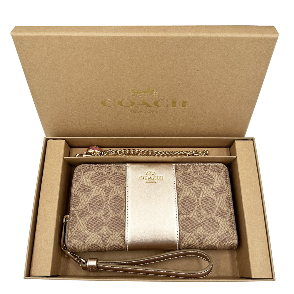 【COACH】C LOGO雙手掛吊飾長夾禮盒(金)