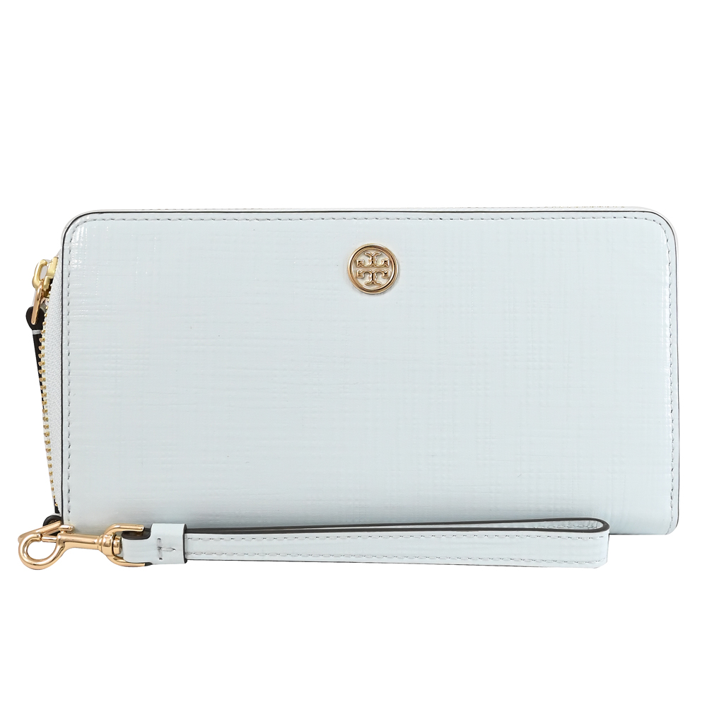 TORY BURCH 161324 金屬LOGO十字紋漆皮手提拉鍊長夾.冰藍