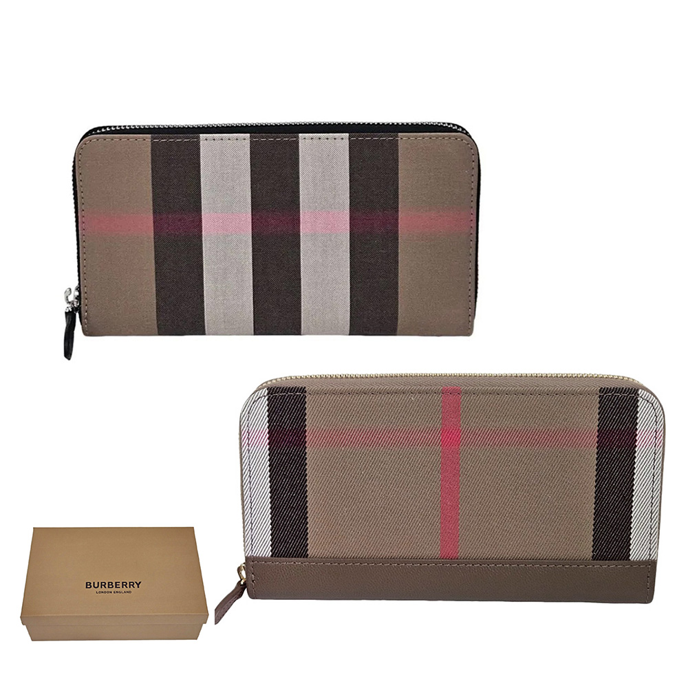 BURBERRY 巴寶莉 經典格紋帆布ㄇ形拉鍊長夾(灰褐色/棕色)