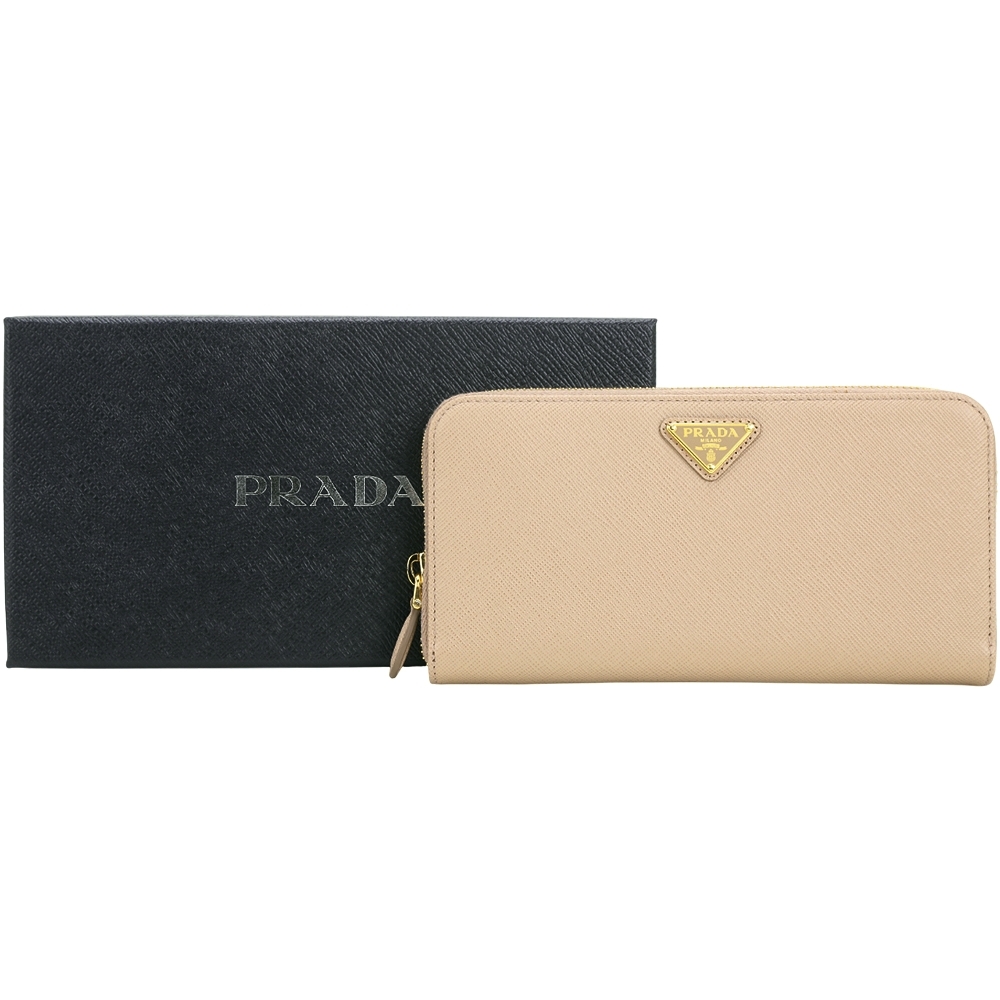 PRADA 普拉達 Saffiano 三角牌防刮牛皮12卡拉鍊長夾(裸粉)