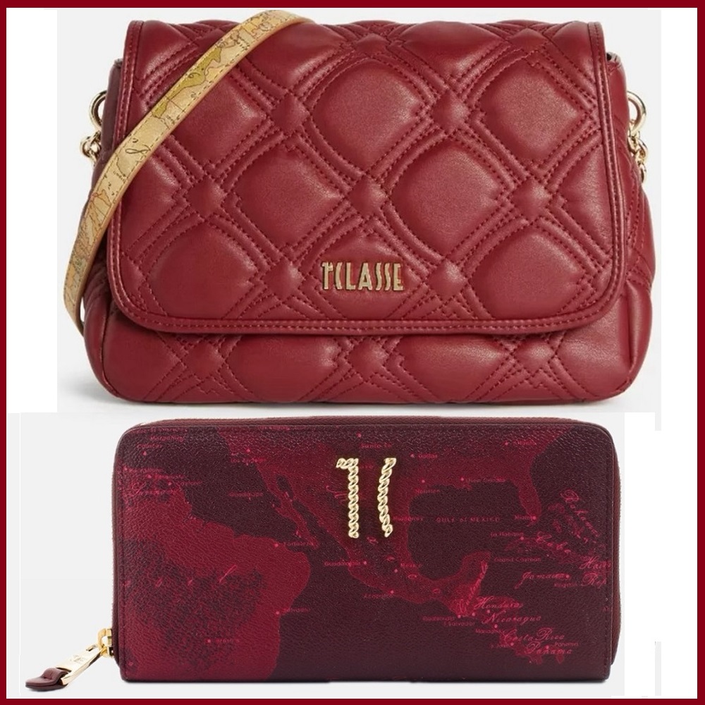 Alviero Martini 【 義大利地圖包】迎春雙喜包 菱格鍊帶側背包+12卡長夾-紅色 新春福袋