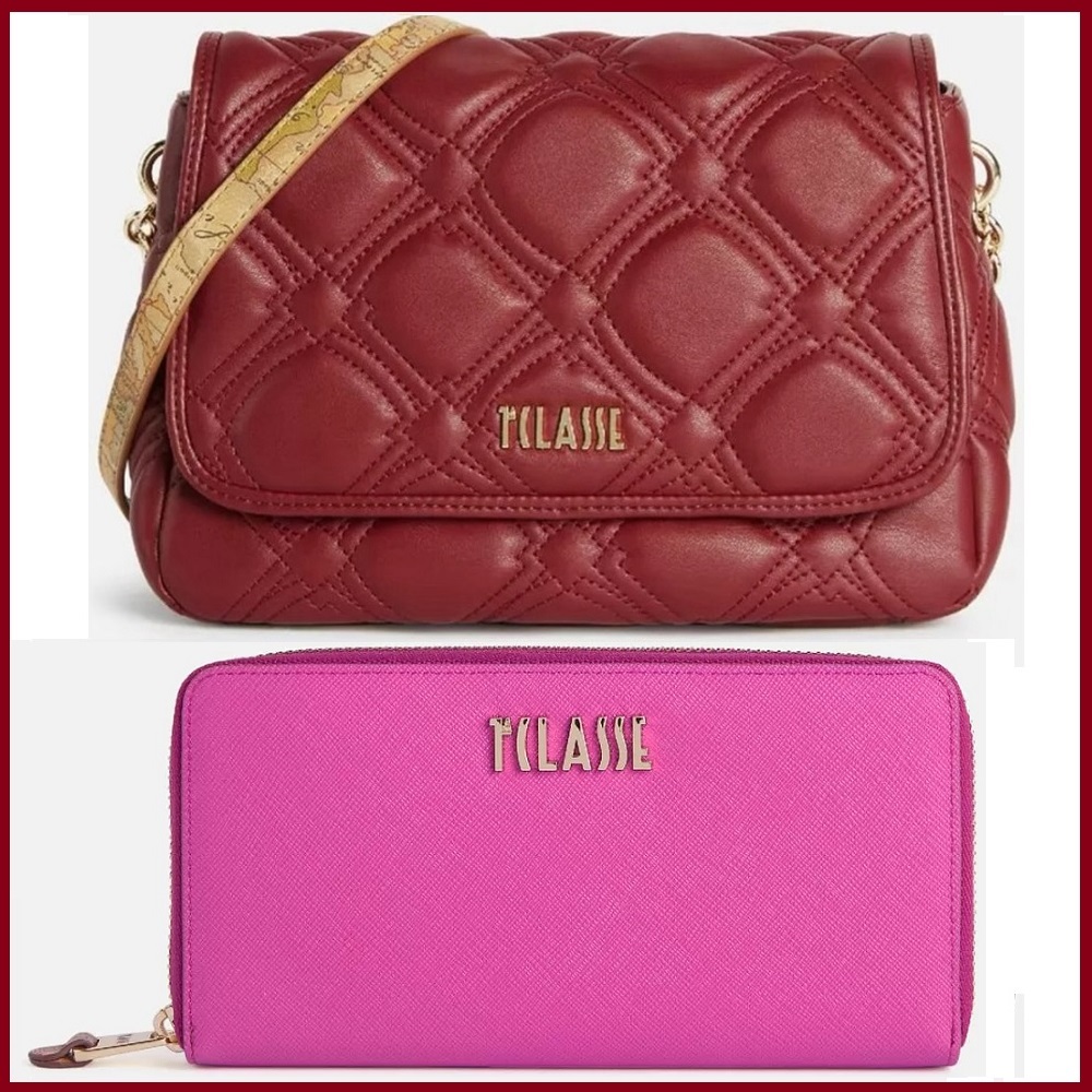 Alviero Martini 【 義大利地圖包】迎春雙喜包 菱格鍊帶側背包+12卡長夾-紅色 新春福袋