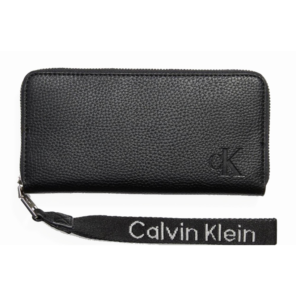 Calvin Klein 壓印LOGO 手拿質感皮革多卡長夾-氣質黑