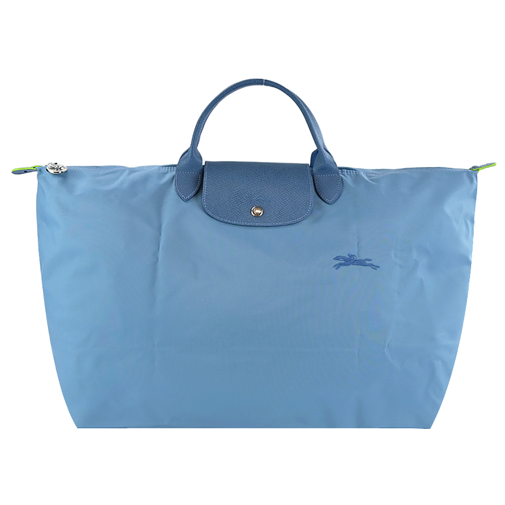 LONGCHAMP LE PLIAGE GREEN系列刺繡短把再生尼龍摺疊旅行袋(大/雷雨藍)