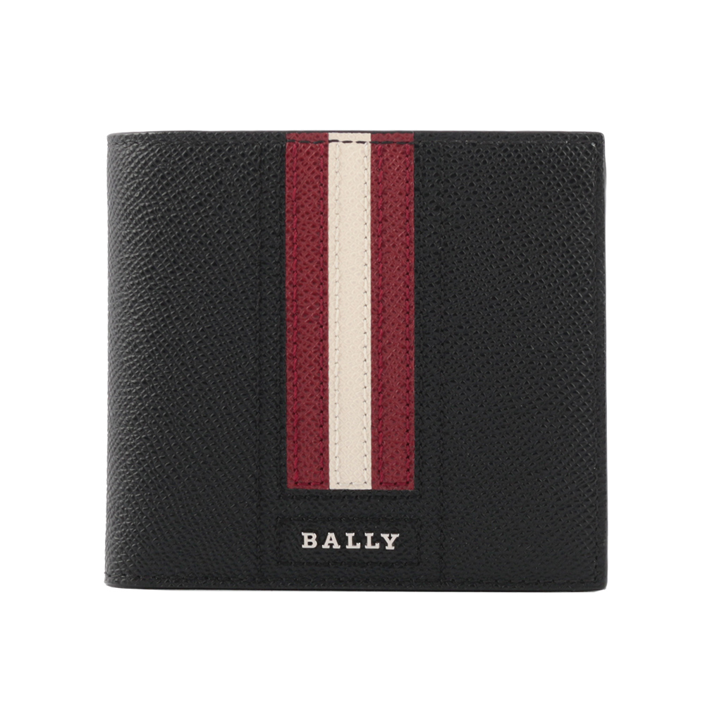 BALLY Trasai 防刮牛皮紅白條紋對開8卡短夾(黑色) 6224893