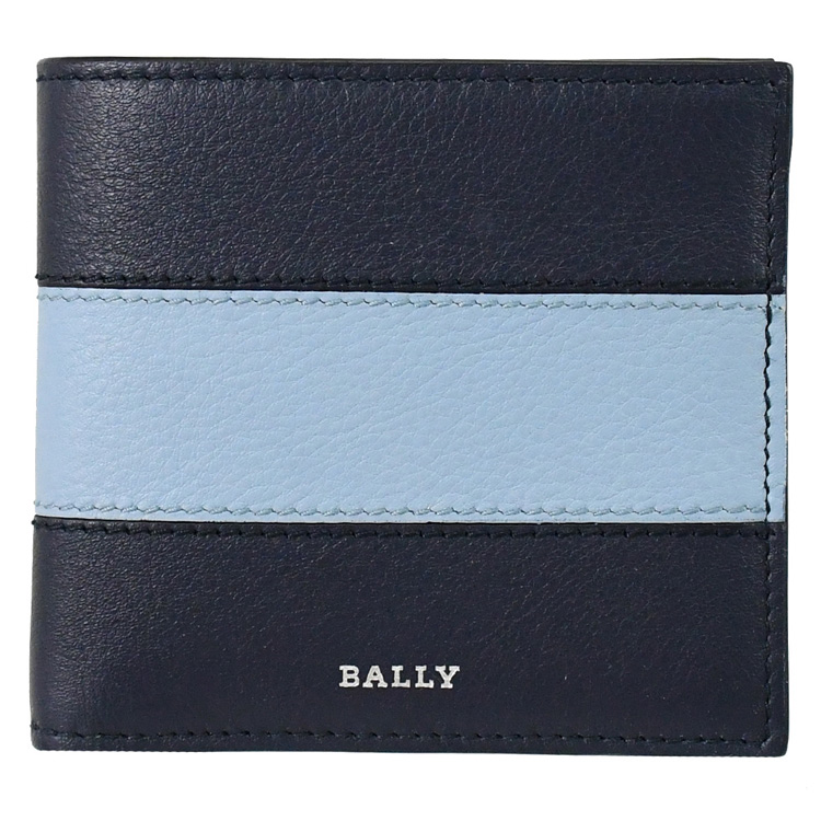 BALLY 6303057 BRASAI 撞色條紋小牛皮8卡短夾.藍