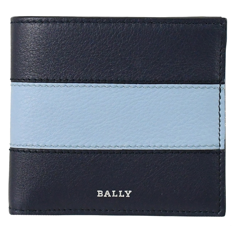 BALLY 6303057 BRASAI 撞色條紋小牛皮8卡短夾.藍
