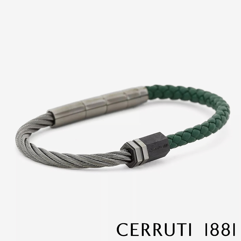 【CERRUTI 1881】義大利經典不鏽鋼皮革手環 灰綠色 全新專櫃展示品 (CB1602)