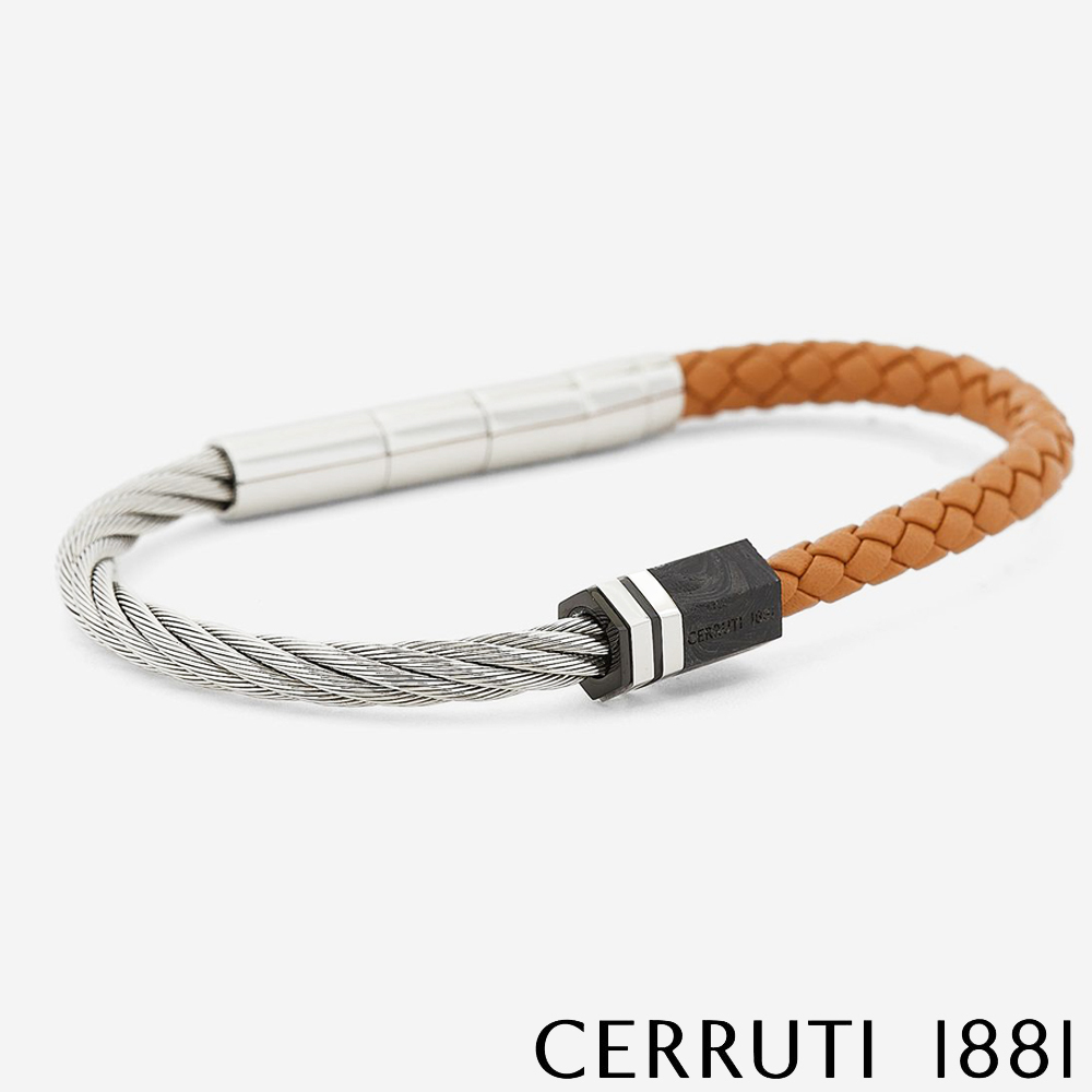 【CERRUTI 1881】義大利經典不鏽鋼皮革手環 灰橘色 全新專櫃展示品 (CB1604)