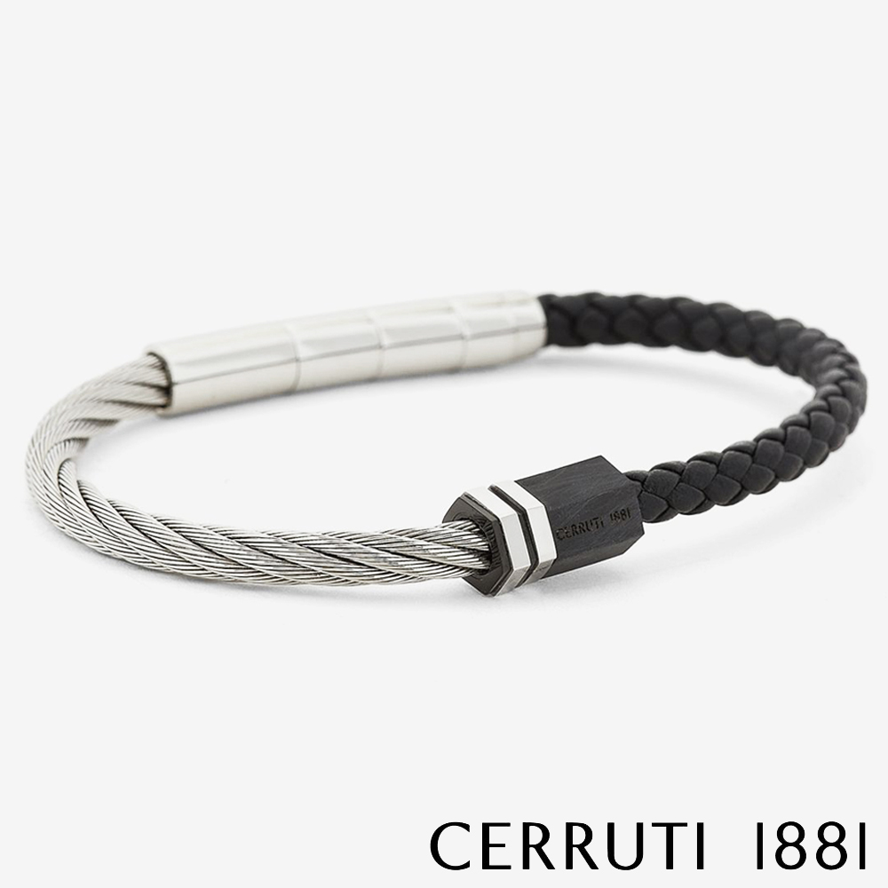 【CERRUTI 1881】義大利經典不鏽鋼皮革手環 銀黑色 全新專櫃展示品 (CB1601)