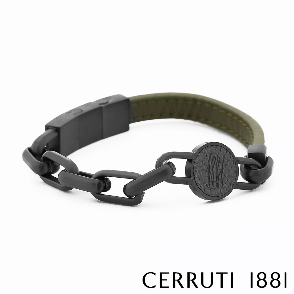 【CERRUTI 1881】義大利經典不鏽鋼皮革手環 黑綠色 全新專櫃展示品 (CB6204)
