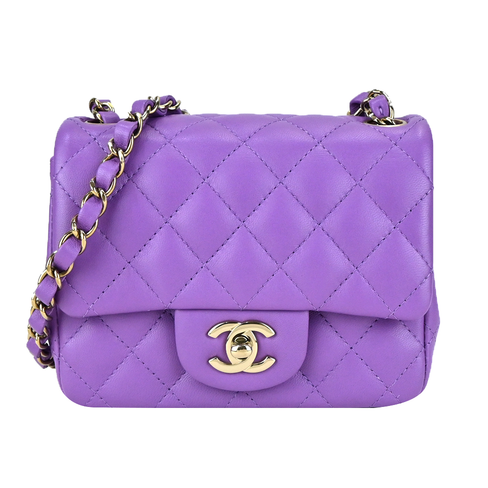 CHANEL 經典 Mini Square 菱格粒紋小羊皮鏈帶翻蓋斜揹包(木槿紫)