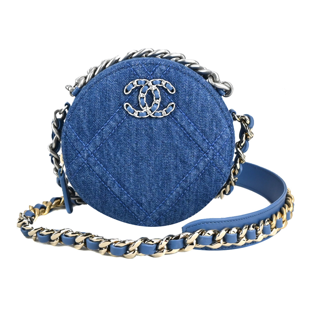 CHANEL19系列經典菱格丹寧帆布鏈帶圓形斜背包(藍色)