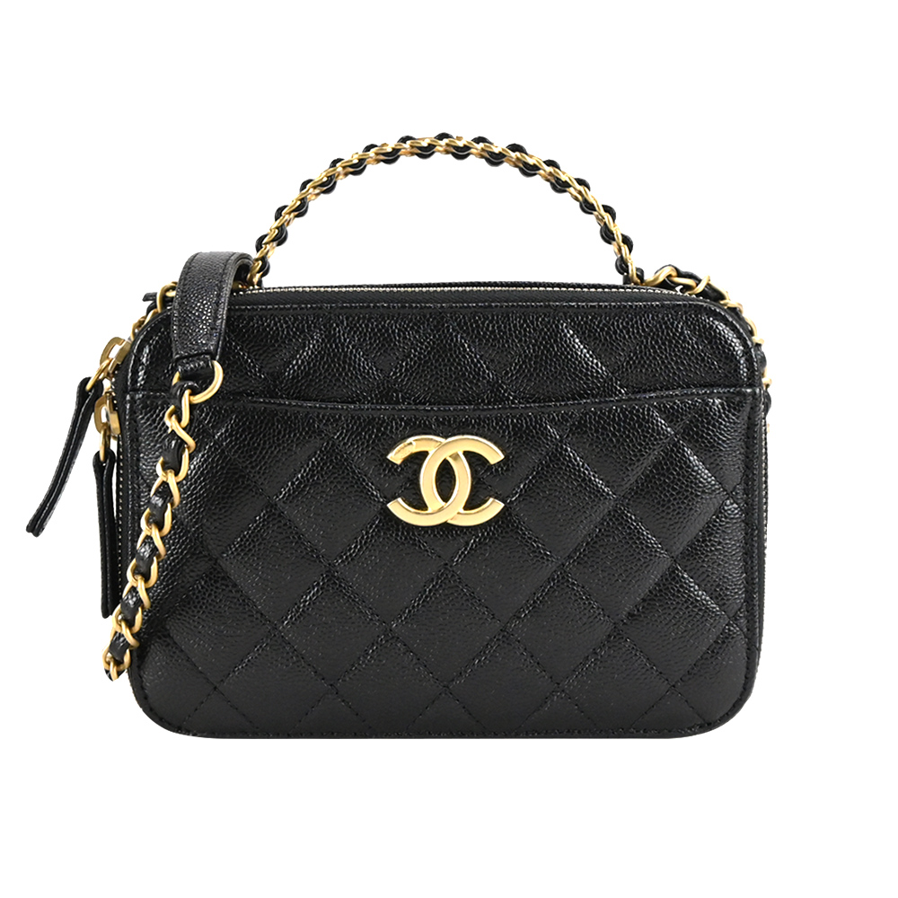 CHANEL Small vanity case經典菱格粒紋牛皮金扣鏈帶化妝/斜揹包(黑色)