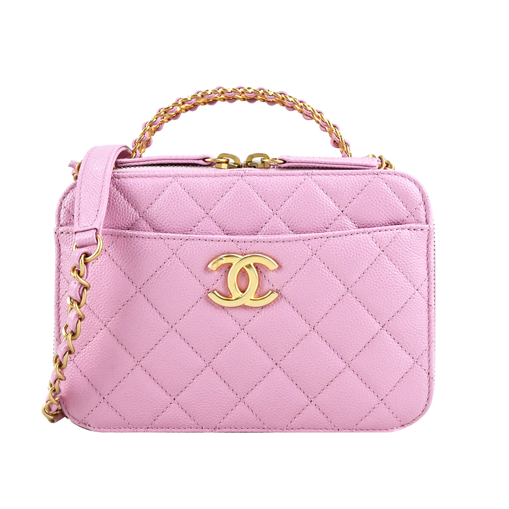 CHANEL Small vanity case經典LOGO菱格紋牛皮金扣鏈帶化妝/斜揹包(粉色)
