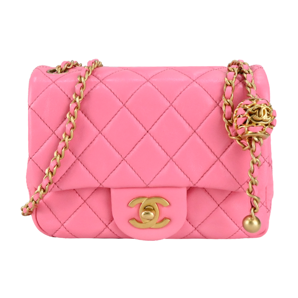 CHANEL 經典菱格紋小羊皮金球金釦鏈帶翻蓋斜揹包(粉色)