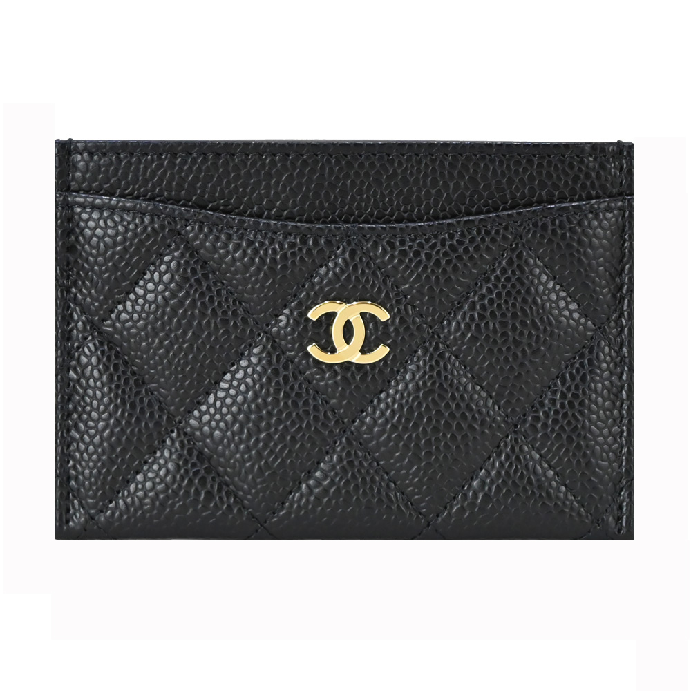 CHANEL 經典金色雙C LOGO菱格紋小牛皮卡片夾(黑色)
