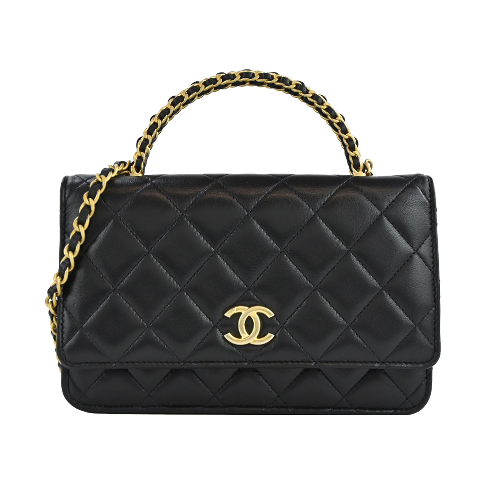 CHANEL 經典雙C菱格紋小羊皮WOC鏈帶手提/斜揹包(黑色)