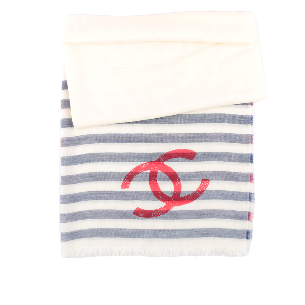 CHANEL Logo 紅藍條紋莫代爾棉及羊毛混絲圍巾/披肩(白色) CH75000008