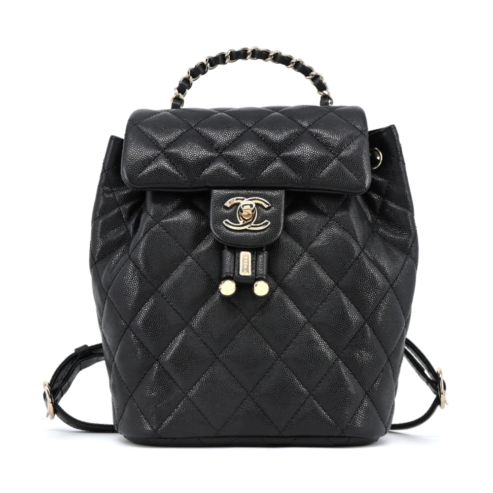 CHANEL 經典雙C LOGO菱格小牛皮雙肩後揹包 (小號/黑色)