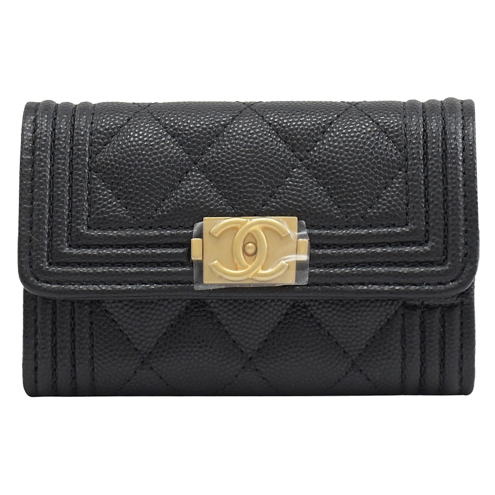 CHANEL A80603 BOY 復古金扣粒紋牛皮扣式零錢包.黑