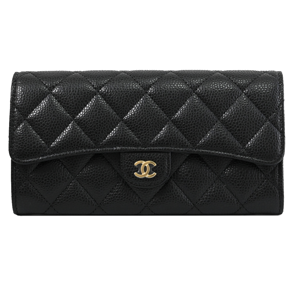 CHANEL AP0241 經典LOGO菱格紋荔枝皮金扣長夾.黑/金