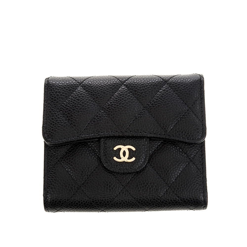 CHANEL 經典魚子醬牛皮雙C LOGO金釦三折短夾 (黑色)