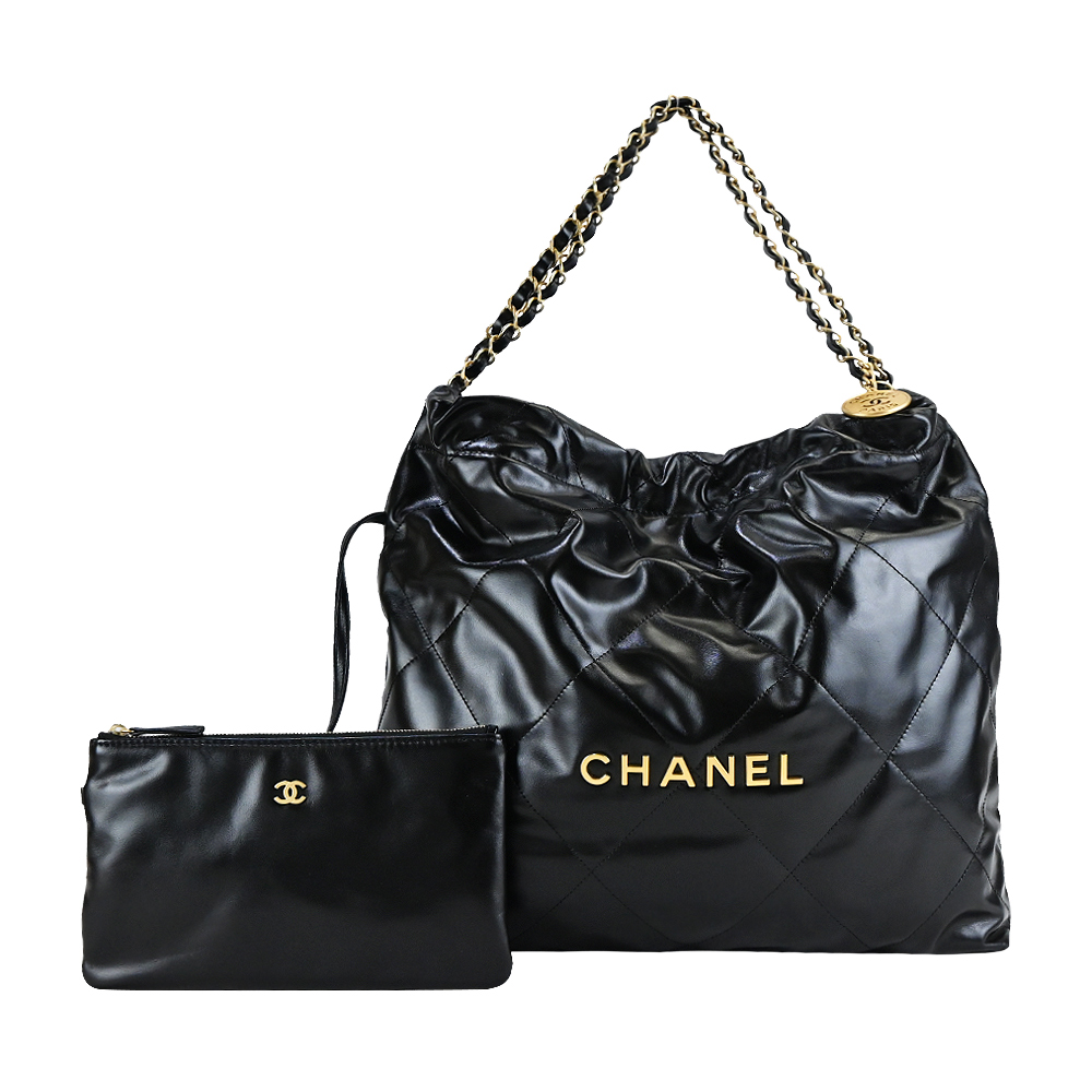 CHANEL 22 It Bag菱格紋縫線亮面小牛皮肩背包(黑色-AS3261 B08037 94305)