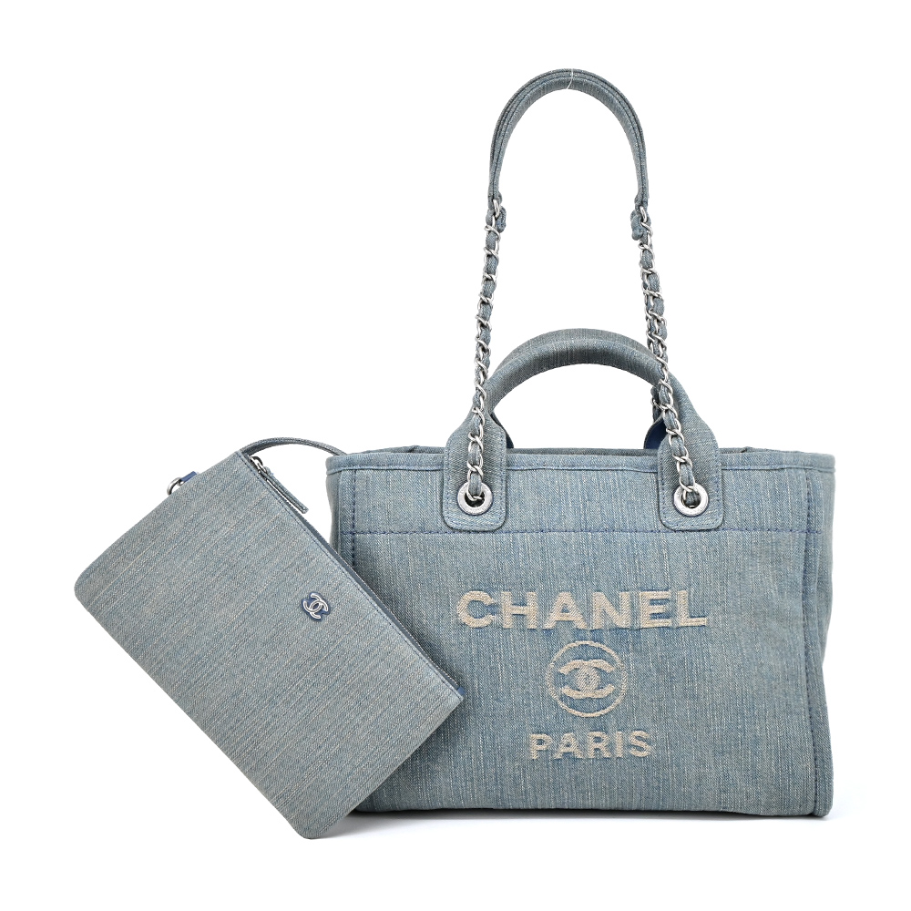 CHANEL 經典Deauvill帆布鏈帶小號托特包(灰藍)