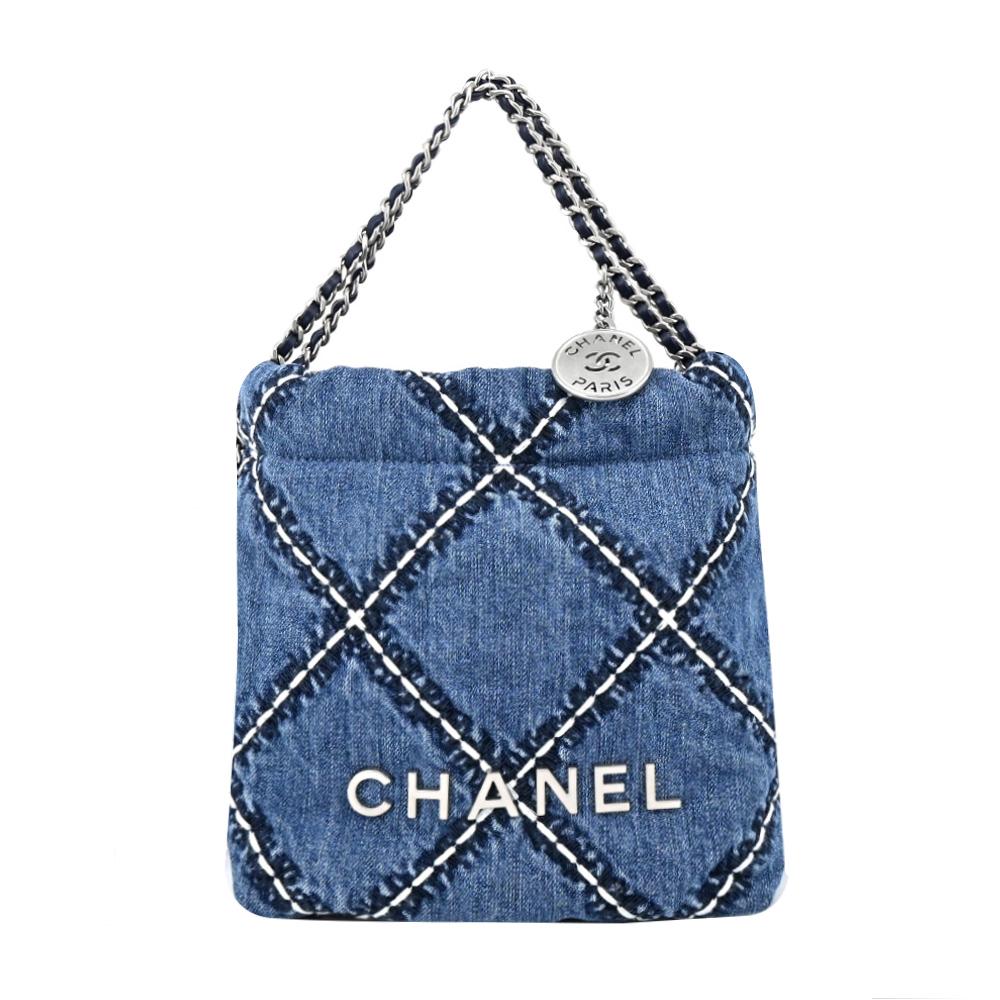 CHANEL 22 Mini Handbag菱格紋縫線牛仔帆布肩背包(單寧藍)