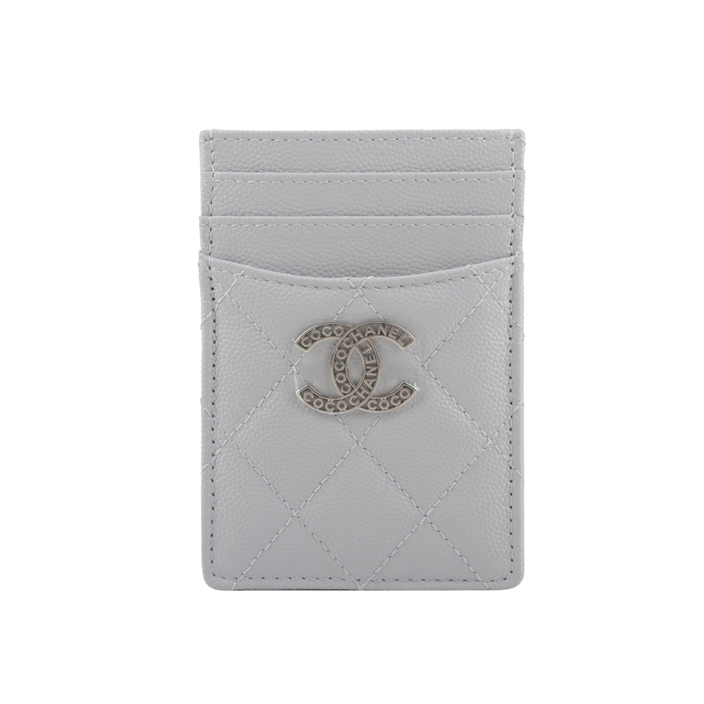 CHANEL Logo 銀色鏤空標誌菱格紋牛皮卡片夾/名片夾(淺灰色) 展示品 AP3835 B15620 NU903