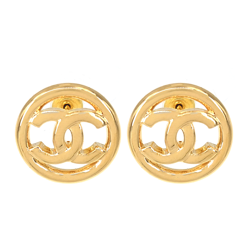 CHANEL經典雙C LOGO 圓形縷空造型穿式耳環(金色)