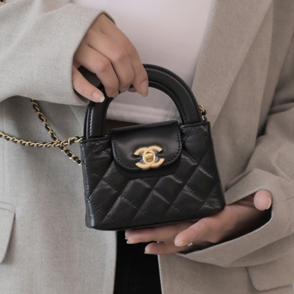 CHANEL AP3435 KELLY 雙C LOGO小牛皮超迷你兩用鍊包.黑/金