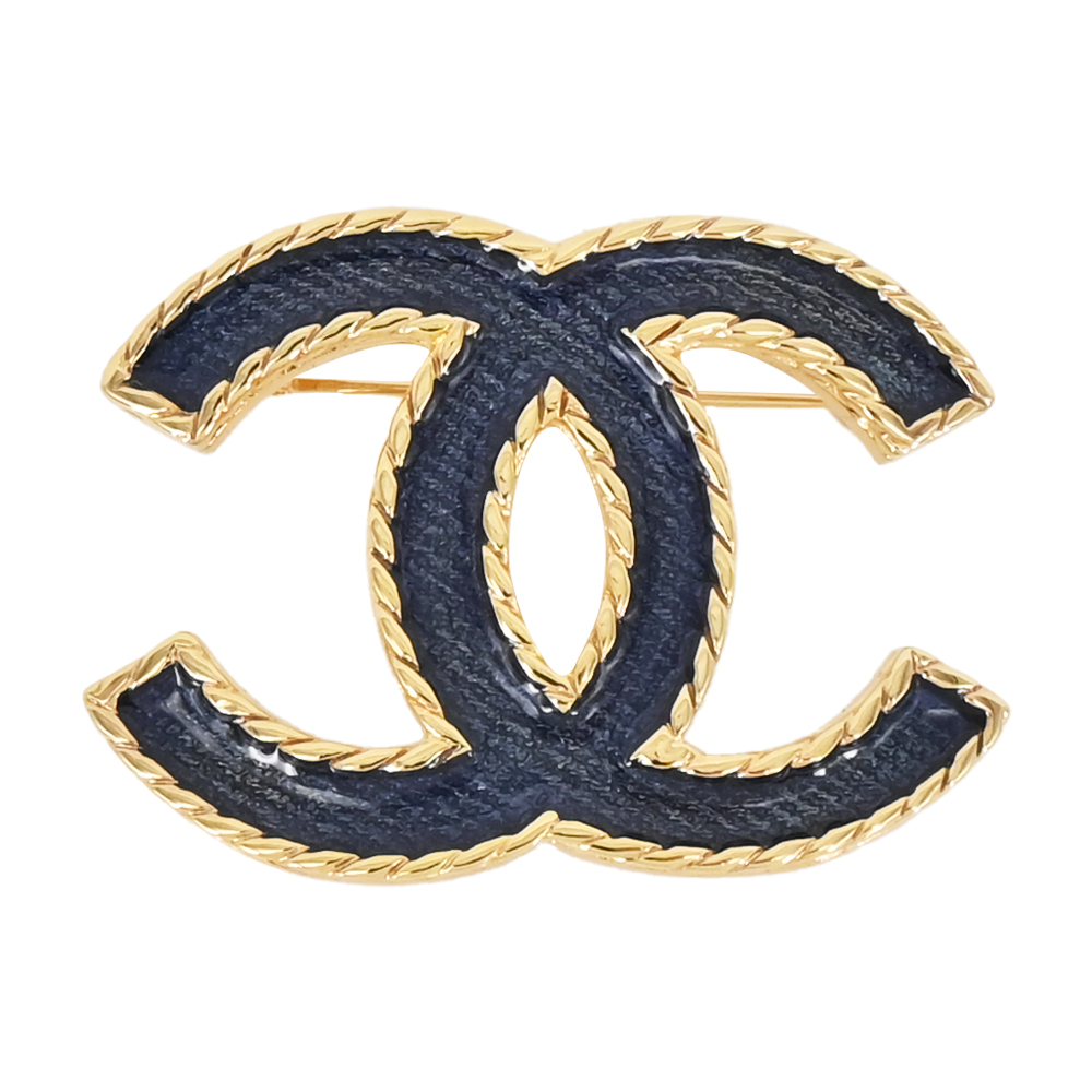 CHANEL 經典藍色琺瑯雙C LOGO滾邊造型胸針(金色)