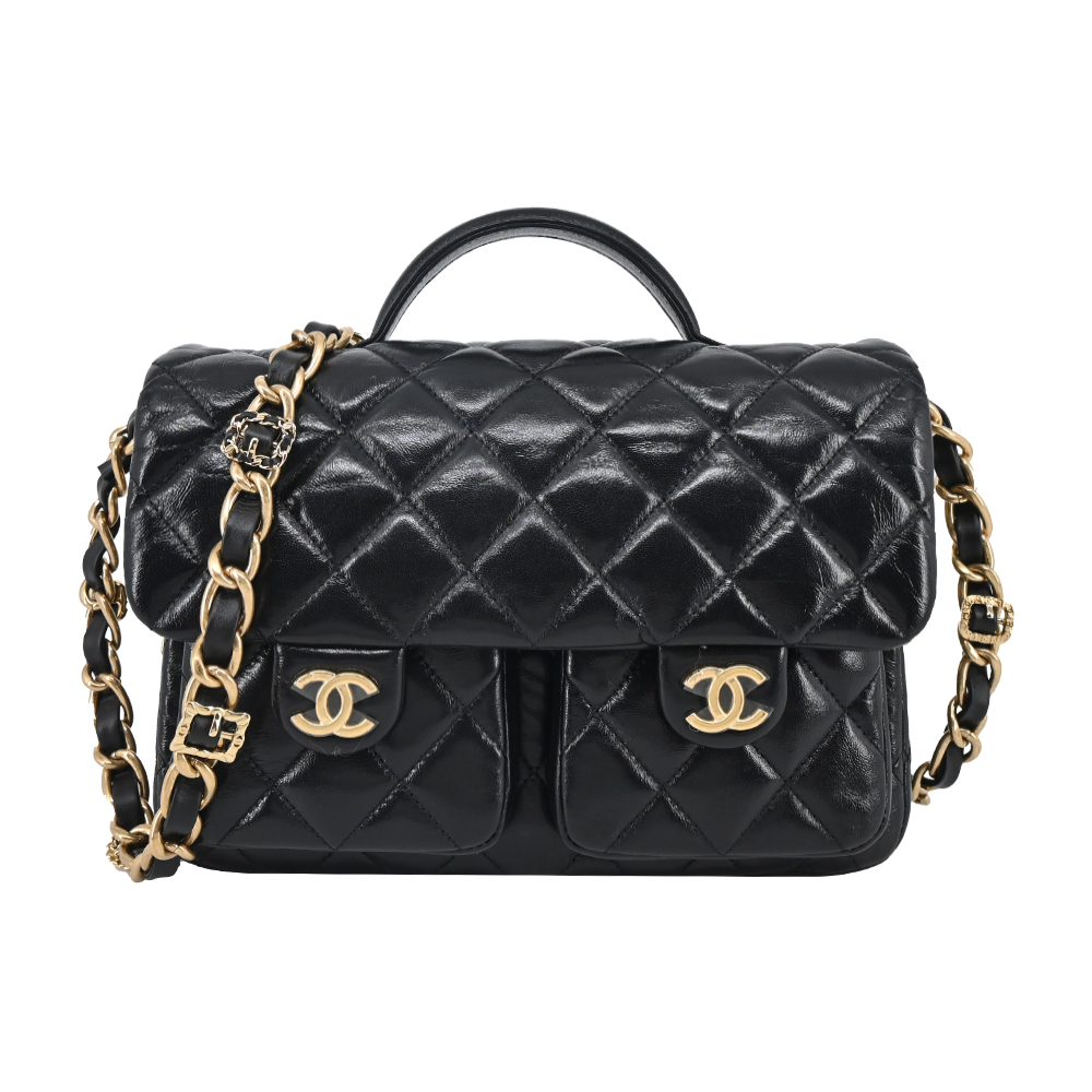 CHANEL Flap Bag Top Handle經典雙C LOGO菱格紋小羊皮手提/斜背包 (黑色)