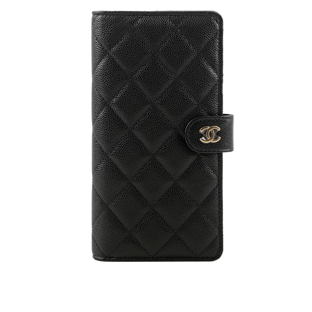 CHANEL 金色CC Logo粒紋牛皮釦式薄款二折長夾(黑色) AP4129 B10583 C3906