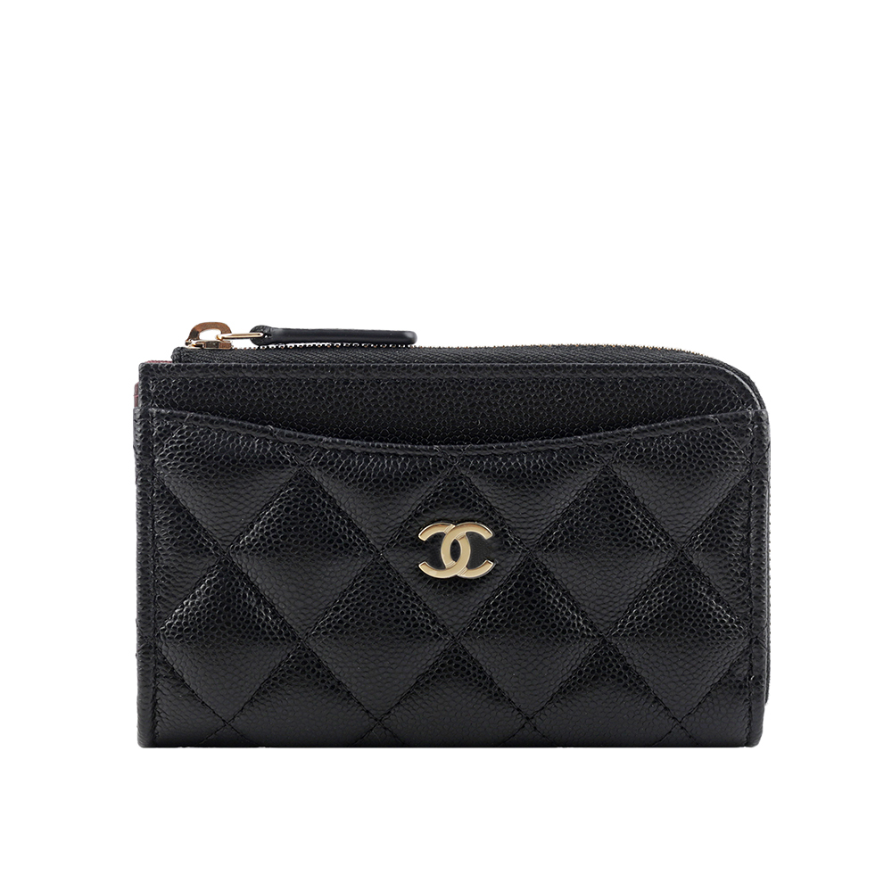 CHANEL 金色Logo 荔枝皮革拉鏈卡夾/零錢包(黑色) AP3179 B10583 C3906