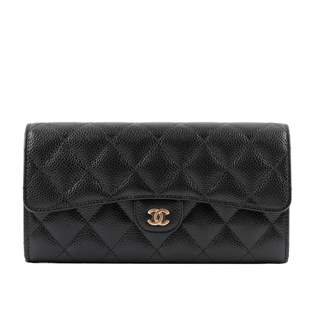 CHANEL 金色CC Logo荔枝皮二折壓釦長夾(黑色) AP0241 Y01864 C3906