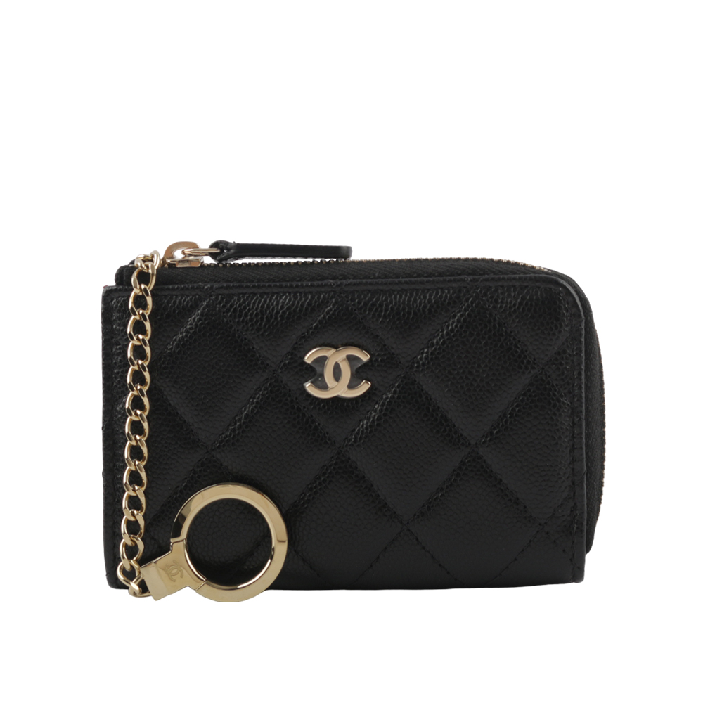 CHANEL 金色CC Logo 粒紋牛皮拉鍊鑰匙包/零錢包/卡包(黑色) AP0221 B10583 C3906