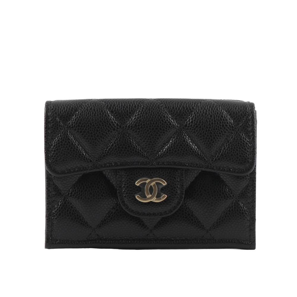 CHANEL 淡金Logo 菱格紋荔枝牛皮雙釦三折短夾(黑色) AP0230 B10583 C3906