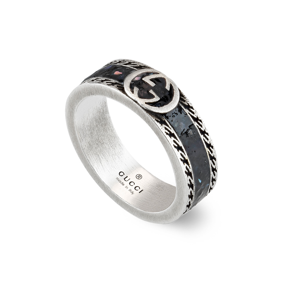 GUCCI 雙G系列 復古感 黑色琺瑯 戒指 925純銀 古馳