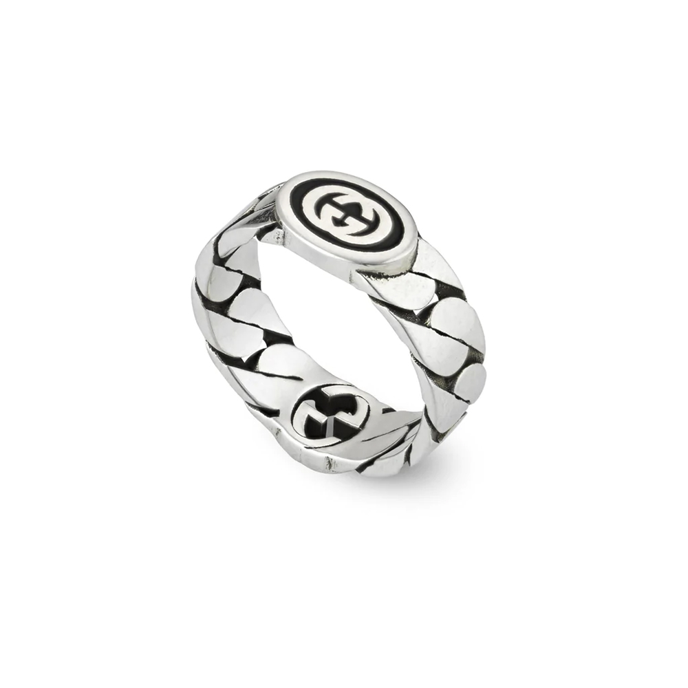 GUCCI 雙G系列 復古感 寬版 琺瑯 戒指 925純銀 古馳